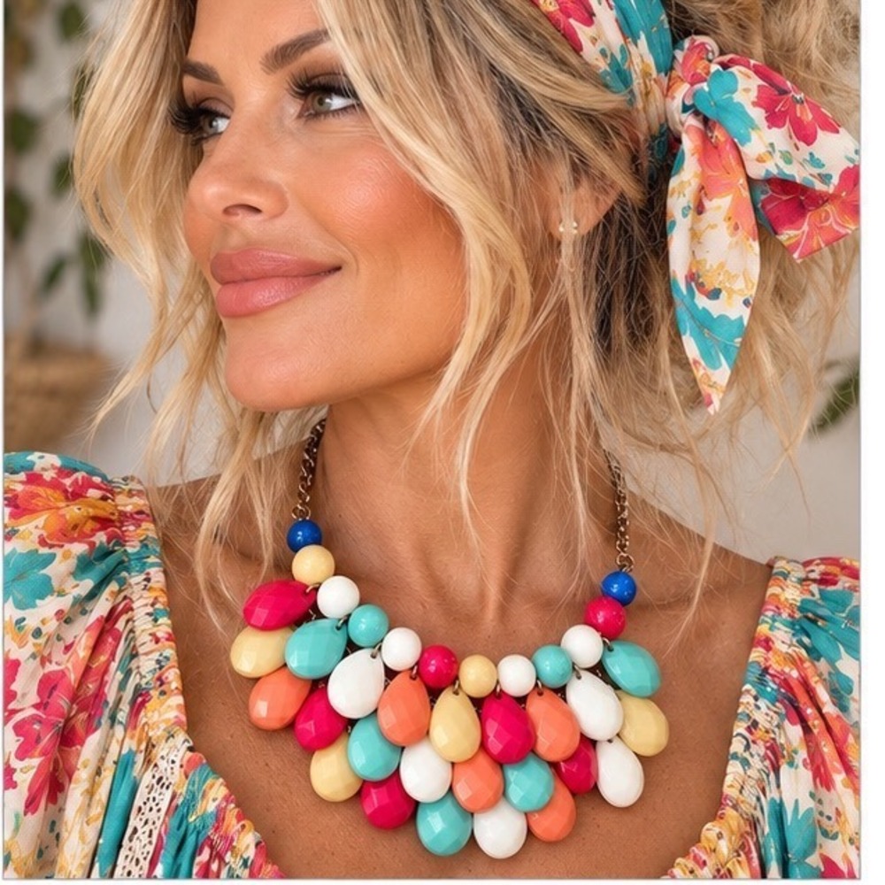 Chunky Faceted Bold Colorful Beaded Bib Statement Necklace Festive Party